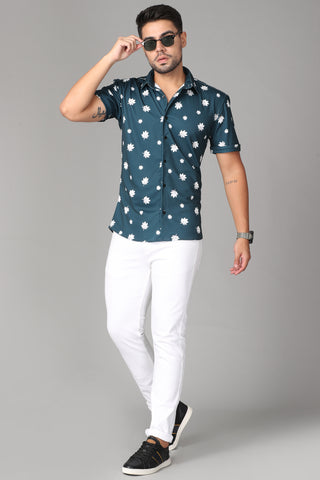 Strechable fabric with green flower print Slim Fit Casual Shirt