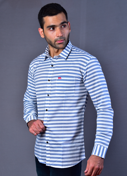 Men Blue Stripes Slim Fit Casual Shirt