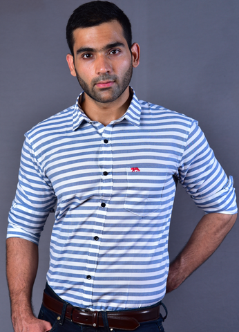 Men Blue Stripes Slim Fit Casual Shirt
