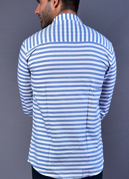 Men Blue Stripes Slim Fit Casual Shirt