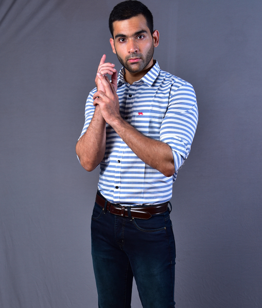 Men Blue Stripes Slim Fit Casual Shirt