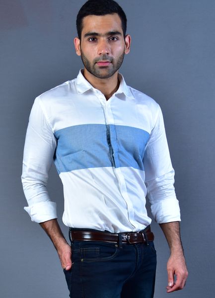 White & Blue Small Checks Slim Fit Casual Shirt