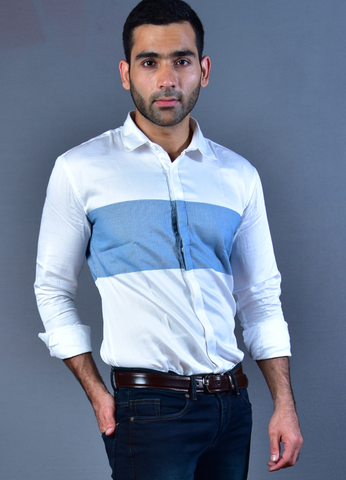 White & Blue Small Checks Slim Fit Casual Shirt