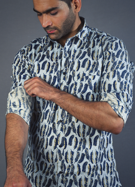 Blue feather printed mens shirt