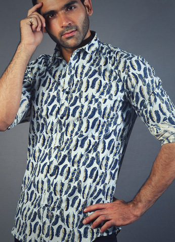 Blue feather printed mens shirt