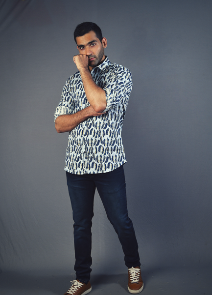 Blue feather printed mens shirt