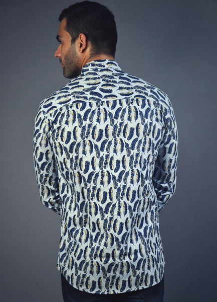 Blue feather printed mens shirt