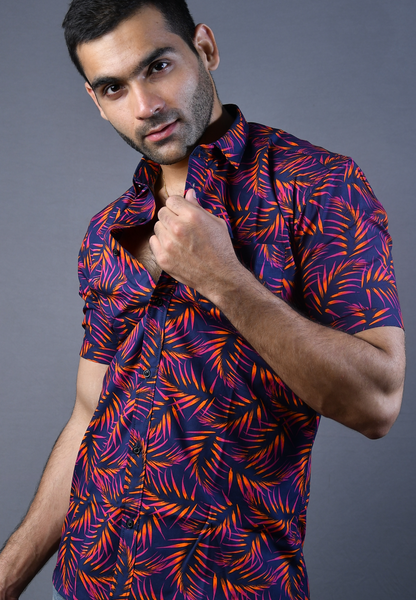Orange leaf printed mens shirt
