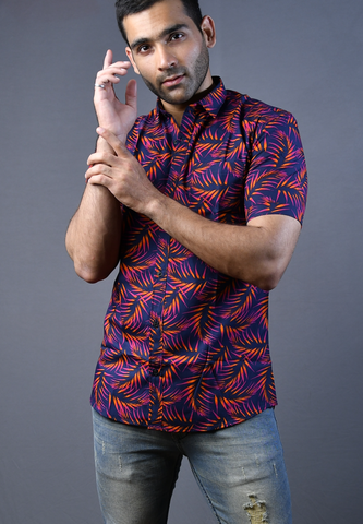 Orange leaf printed mens shirt