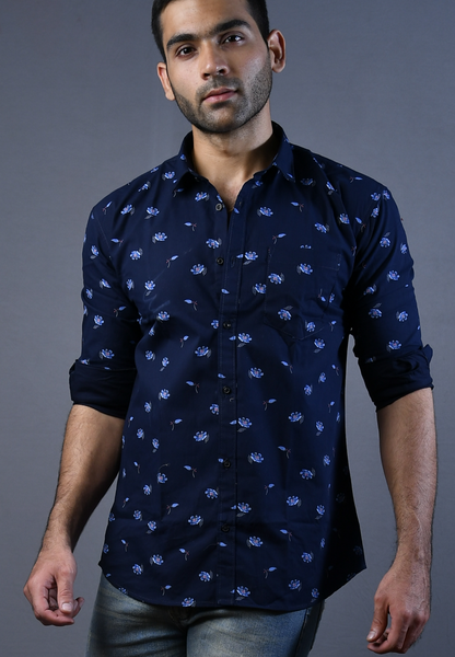 Flower navy blue  printed mens shirt