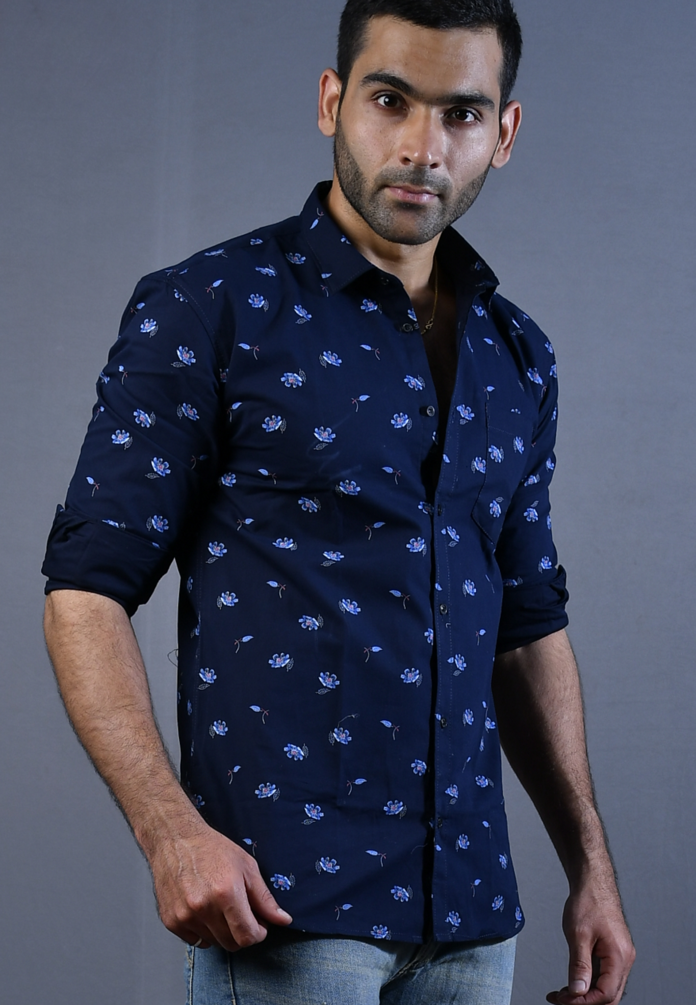 Flower navy blue  printed mens shirt
