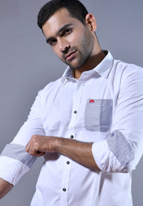 Men W hite & Stripe pocket Slim Fit Casual Shirt