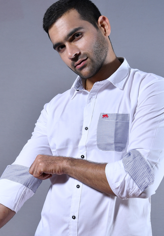 Men W hite & Stripe pocket Slim Fit Casual Shirt