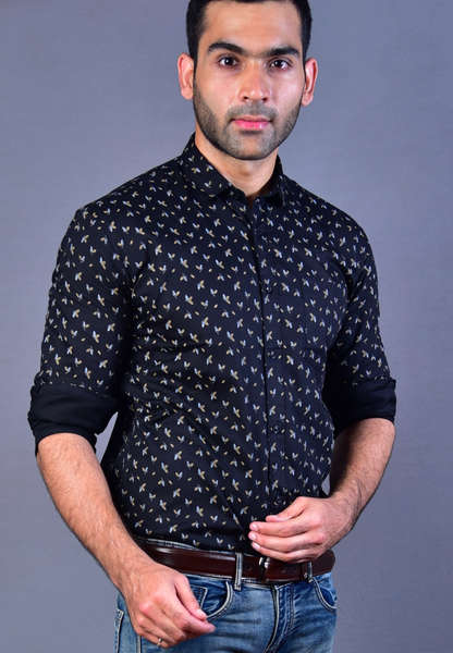 Flower printed black mens shirt