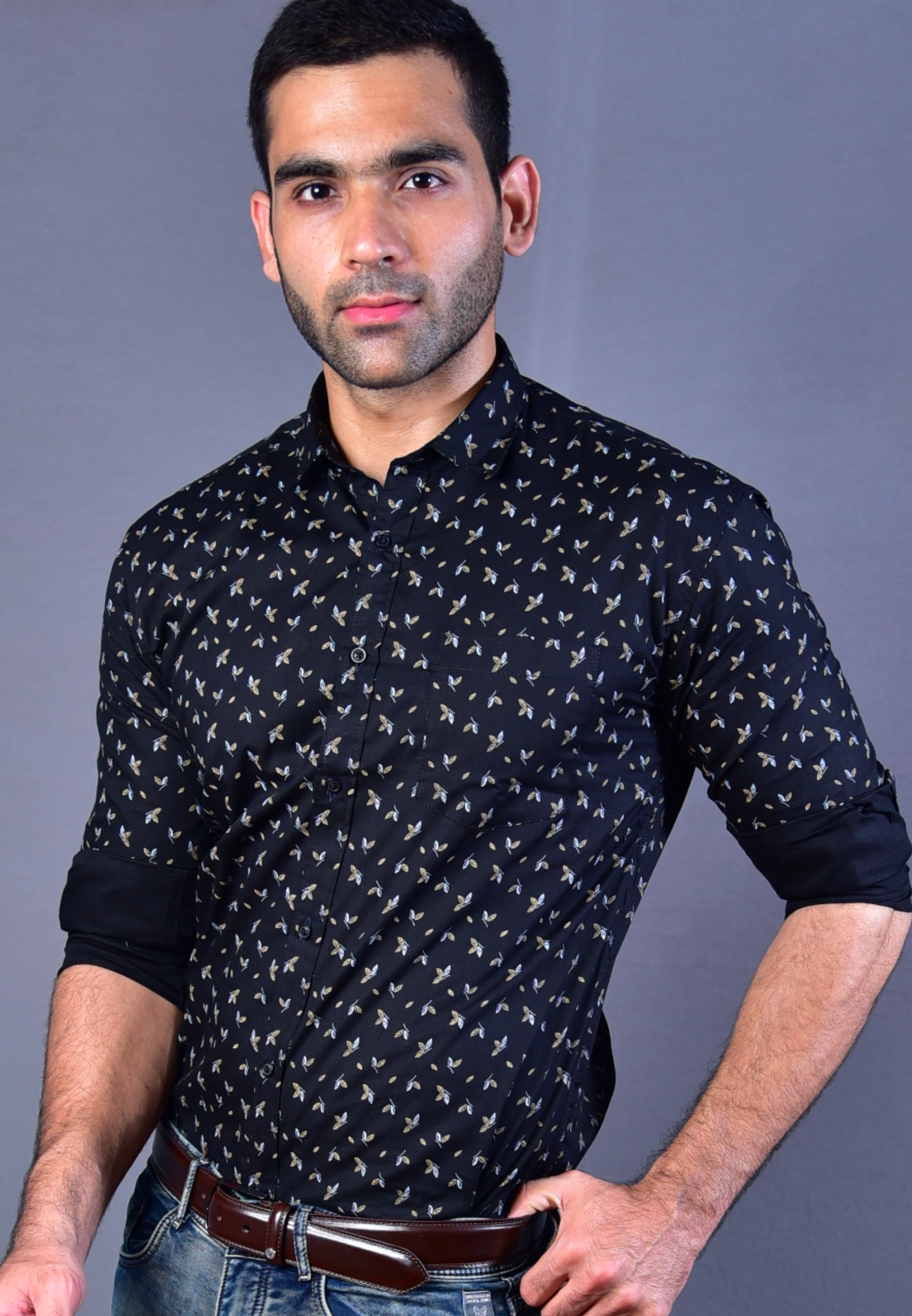 Flower printed black mens shirt