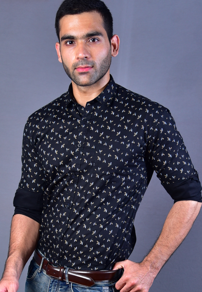 Flower printed black mens shirt