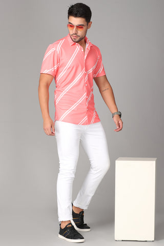 Stretchable fabric in Pink and white color Slim Fit
