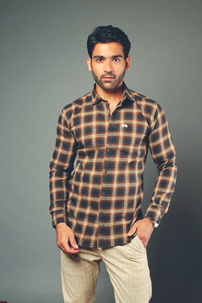 Men Brown Checks Slim Fit Casual Shirt