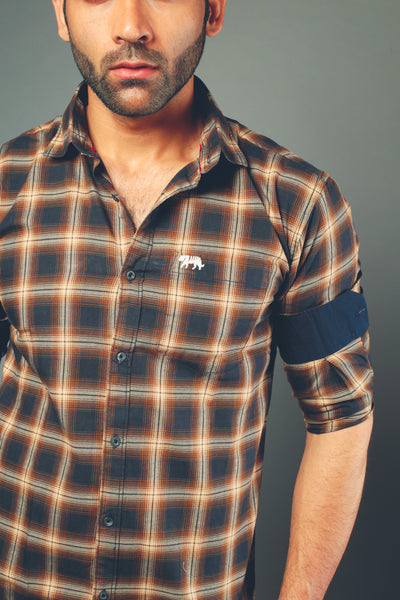 Men Brown Checks Slim Fit Casual Shirt