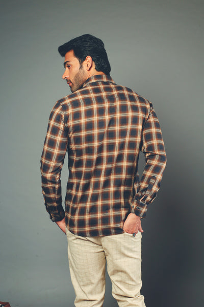 Men Brown Checks Slim Fit Casual Shirt