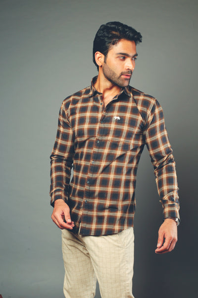 Men Brown Checks Slim Fit Casual Shirt