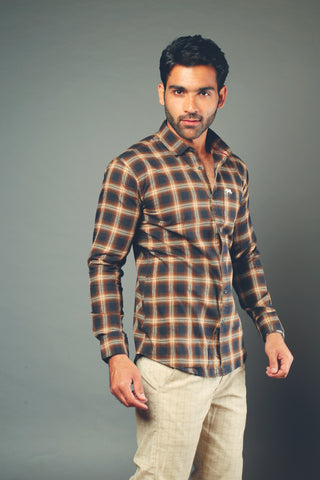 Men Brown Checks Slim Fit Casual Shirt