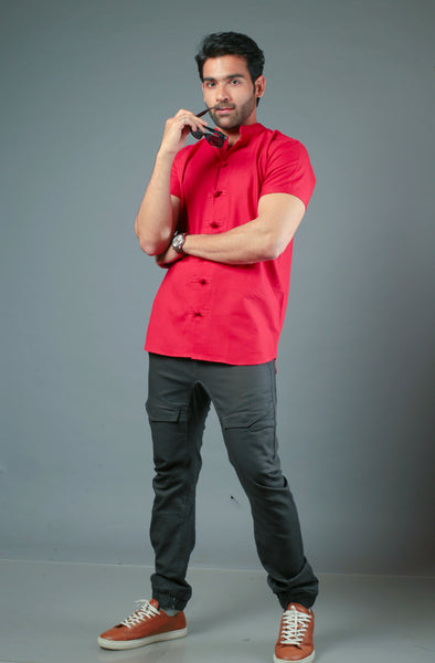 Men C-Style Red Color Slim Fit Casual Shirt