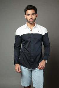 White & Black Color Blocked Slim Fit Casual Shirt