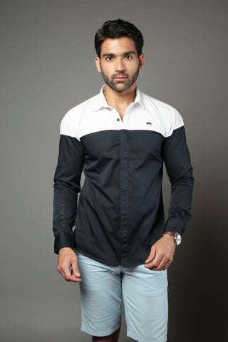 White & Black Color Blocked Slim Fit Casual Shirt