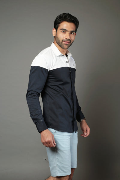 White & Black Color Blocked Slim Fit Casual Shirt