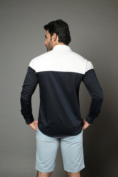 White & Black Color Blocked Slim Fit Casual Shirt