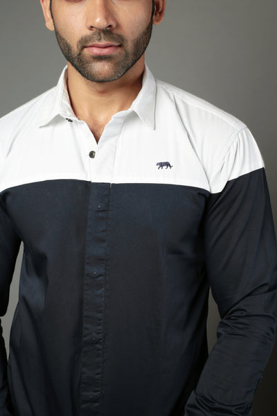 White & Black Color Blocked Slim Fit Casual Shirt