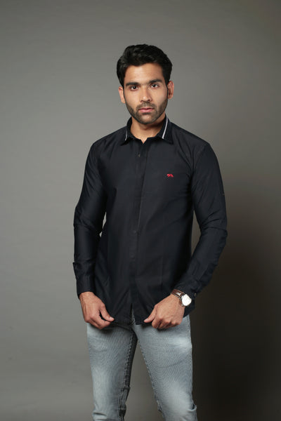 Men Solid Navy Blue Color With Collar Strip Slim Fit Casual Shirt