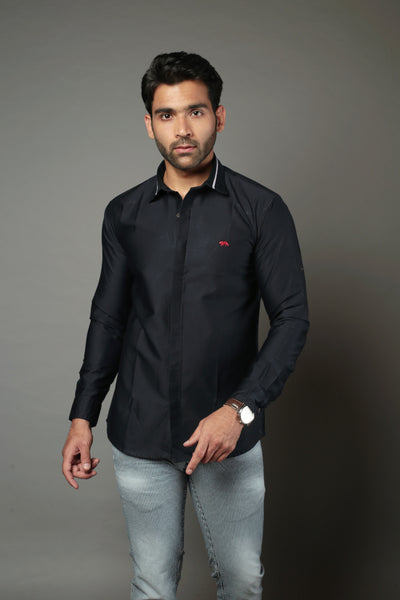 Men Solid Navy Blue Color With Collar Strip Slim Fit Casual Shirt