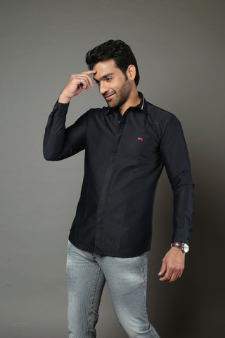 Men Solid Navy Blue Color With Collar Strip Slim Fit Casual Shirt
