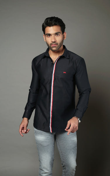 Men Solid Black With lace Strip Slim Fit Casual Shirt