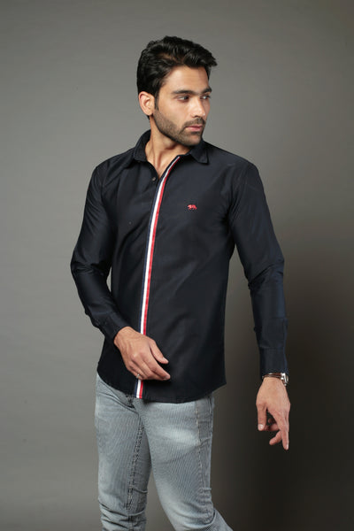Men Solid Black With lace Strip Slim Fit Casual Shirt