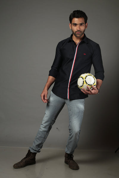 Men Solid Black With lace Strip Slim Fit Casual Shirt