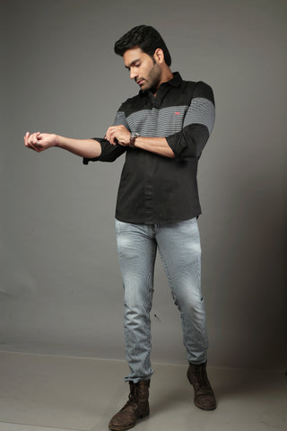 Black & Black lines diagonal Slim Fit Casual Shirt