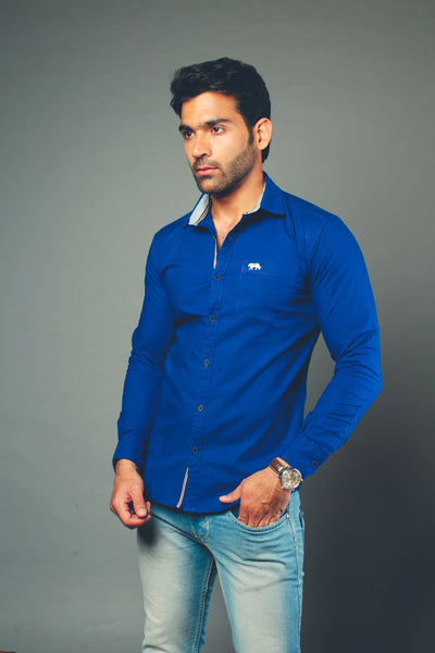 Men Solid Color Royal Blue Slim Fit Casual Shirt