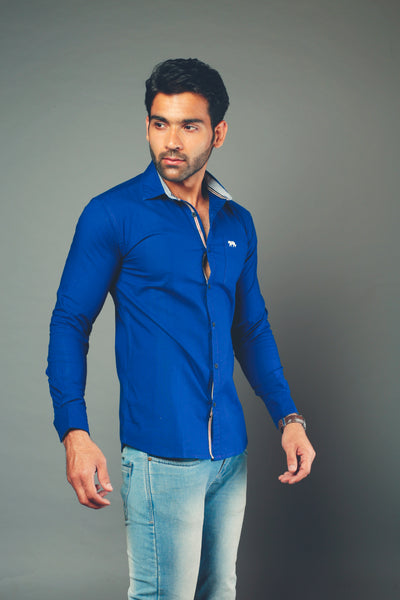 Men Solid Color Royal Blue Slim Fit Casual Shirt