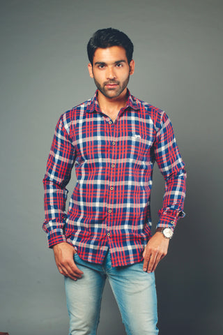 Men Block Checks Red & Blue Slim Fit Casual Shirt