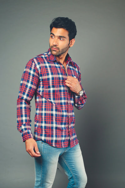 Men Block Checks Red & Blue Slim Fit Casual Shirt