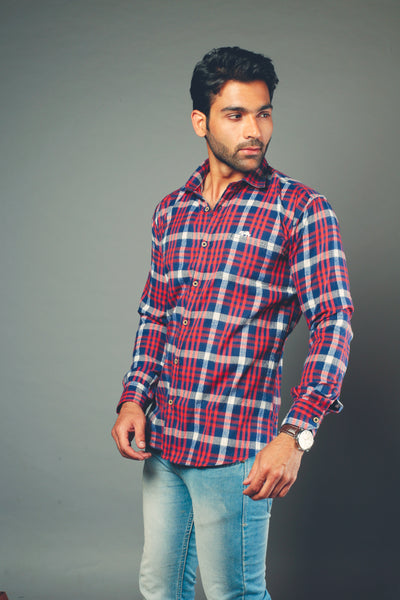 Men Block Checks Red & Blue Slim Fit Casual Shirt