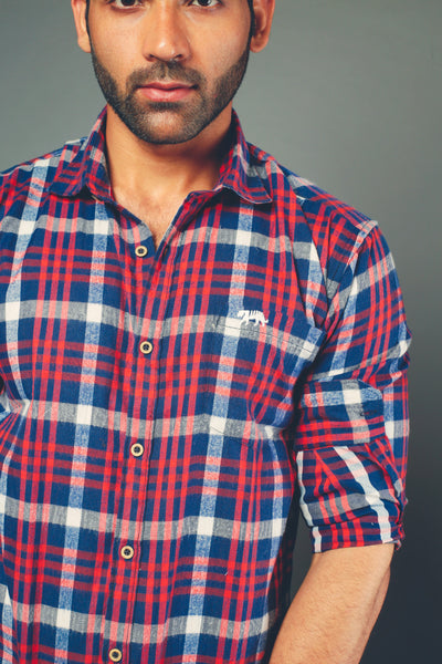 Men Block Checks Red & Blue Slim Fit Casual Shirt