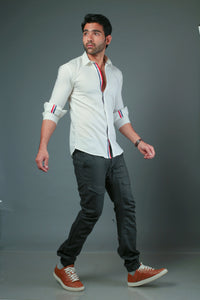 Men Solid White With lace Strip Slim Fit Casual Shirt
