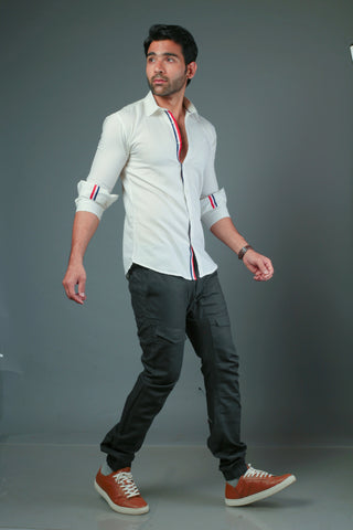 Men Solid White With lace Strip Slim Fit Casual Shirt