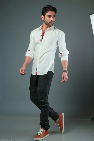 Men Solid White With lace Strip Slim Fit Casual Shirt