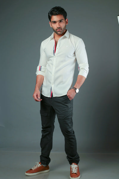 Men Solid White With lace Strip Slim Fit Casual Shirt