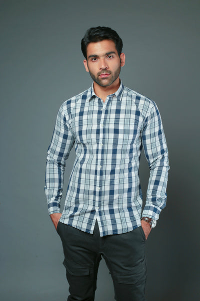 Men Block Checks Blue & White Slim Fit Casual Shirt